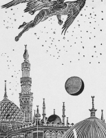Illustration of the Devil Hovering over City
