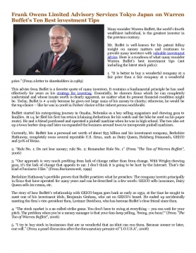Frank Owens Limited Advisory Services Tokyo Japan on Warren Buffet’s Ten Best investment Tips