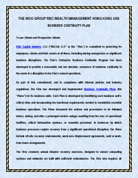 Business Continuity Plan of The Woo Group RBC Wealth Management Hong Kong USA