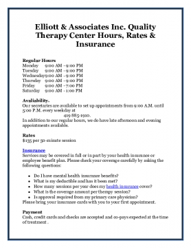 Elliott & Associates Inc. Quality Therapy Center Hours, Rates & Insurance