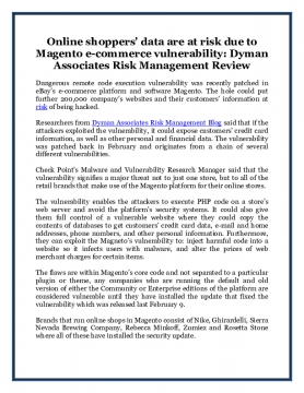 Online shoppers' data are at risk due to Magento e-commerce vulnerability: Dyman Associates Risk Management Review