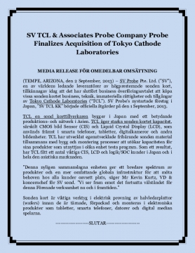 SV TCL & Associates Probe Company Probe Finalizes Acquisition of Tokyo Cathode Laboratories
