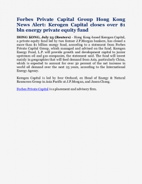 Forbes Private Capital Group Hong Kong News Alert: Kerogen Capital closes over $1 bln energy private equity fund