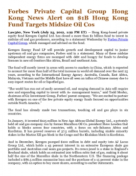 Forbes Private Capital Group Hong Kong News Alert on $1B Hong Kong Fund Targets Midsize Oil Cos