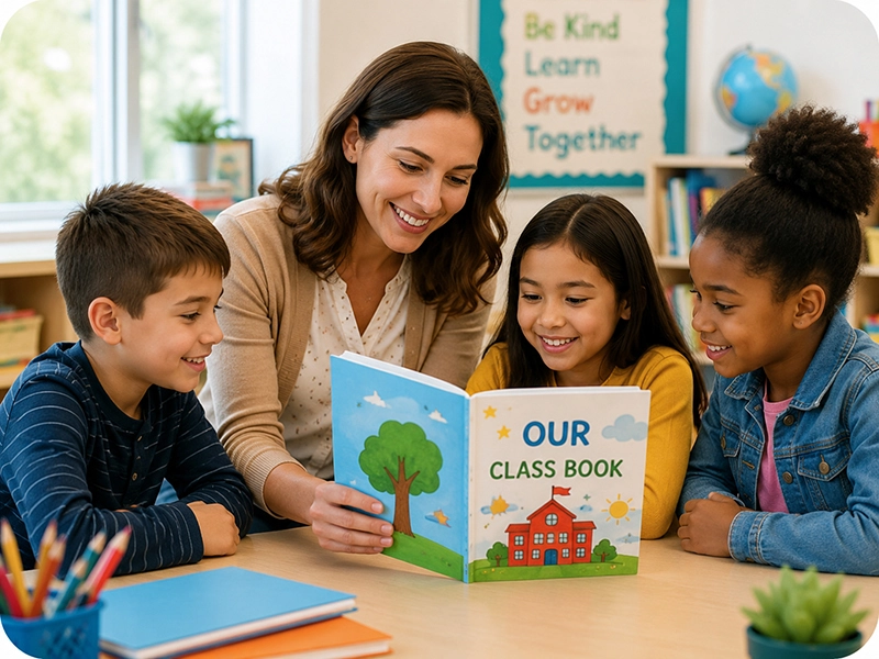 Teacher and students sharing printed classroom books.