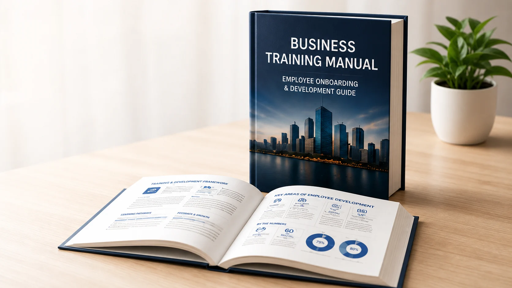 Business training manual and open printed book on a desk