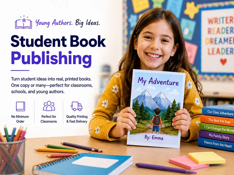 Students creating and sharing printed books for a classroom publishing project.